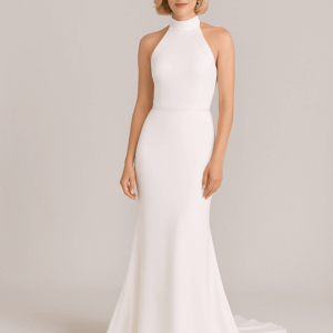 Seraphina satin wedding dress with halter neckline, pearl draped open back, and button train – front view