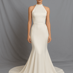 Seraphina satin wedding dress with halter neckline, pearl draped open back, and button train – front view