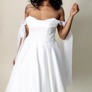 Kelly satin A-line wedding dress with detachable chiffon bows – front view, laurel&lace bridals