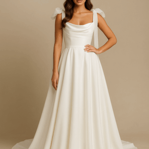 Kelly satin A-line wedding dress with detachable chiffon bows – front view, laurel&lace bridals