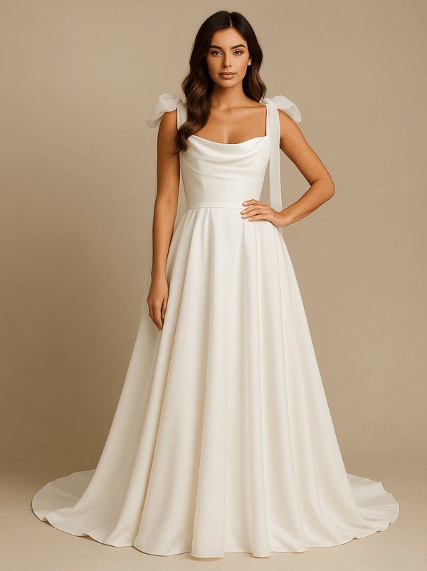 Kelly satin A-line wedding dress with detachable chiffon bows – front view, laurel&lace bridals