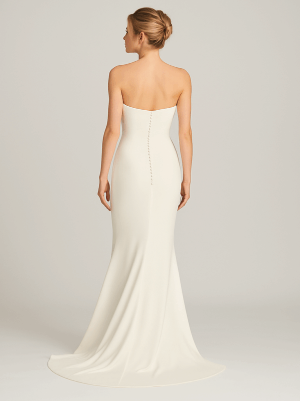 Katherine satin wedding dress with off-shoulder neckline, detachable bishop sleeves, and button train – full back view