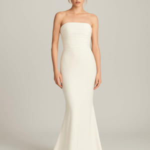 Katherine satin wedding dress with off-shoulder neckline, detachable bishop sleeves, and button train – full front view