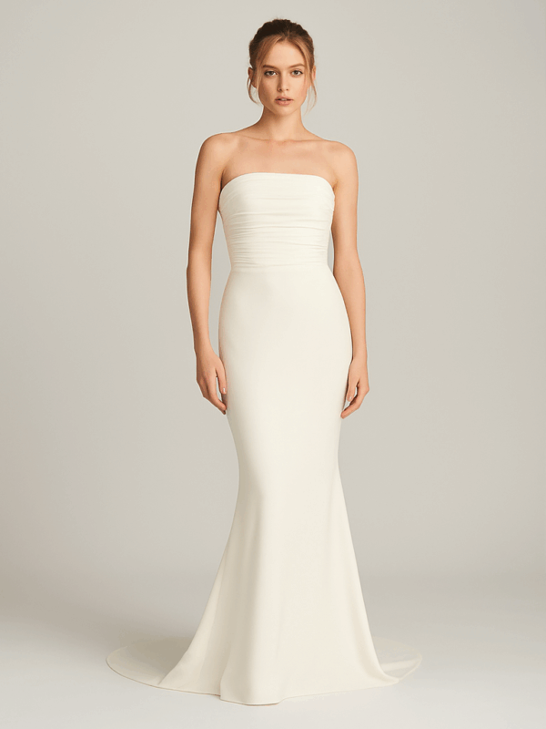 Katherine satin wedding dress with off-shoulder neckline, detachable bishop sleeves, and button train – full front view