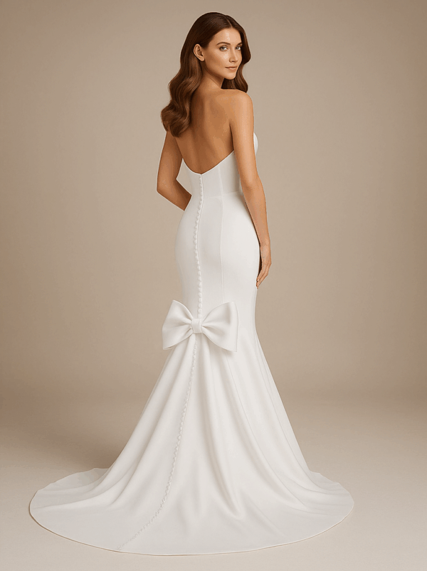 Margot wedding dress side view with statement bow and button details, Laurel&Lace Bridals