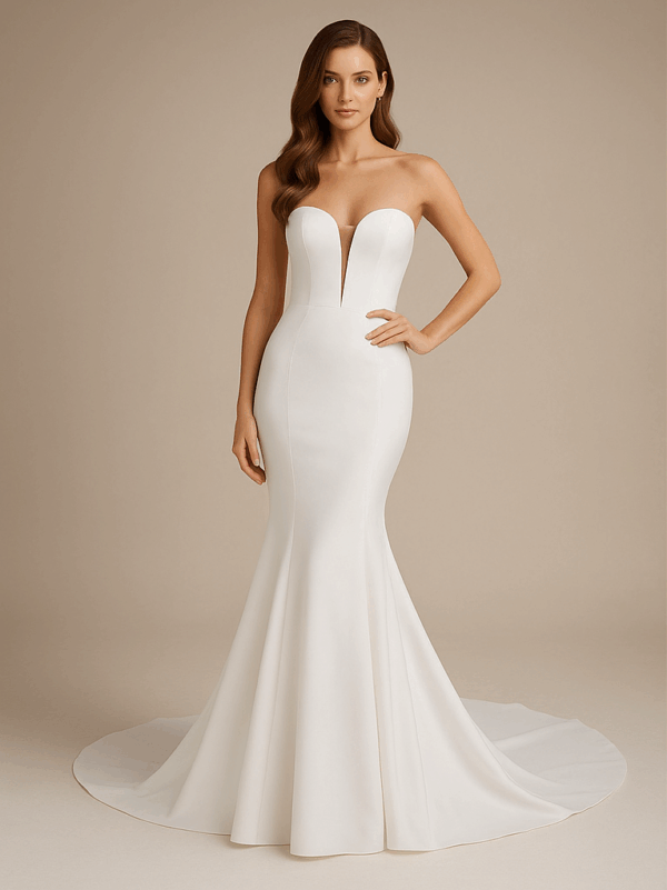 Margot strapless satin mermaid wedding dress front view, Laurel&Lace Bridals