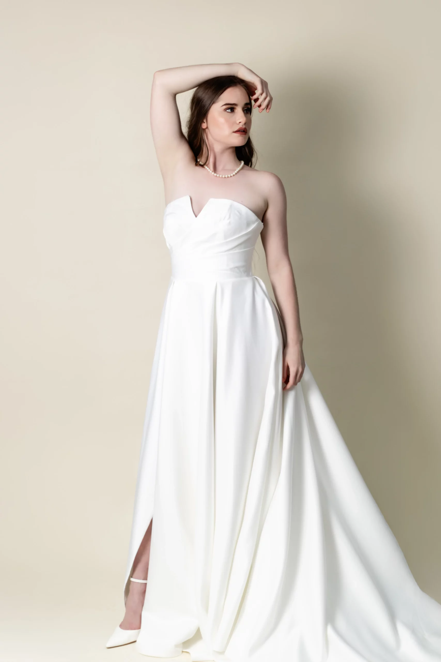 Vivien strapless satin wedding dress front view, laurel&lace bridals