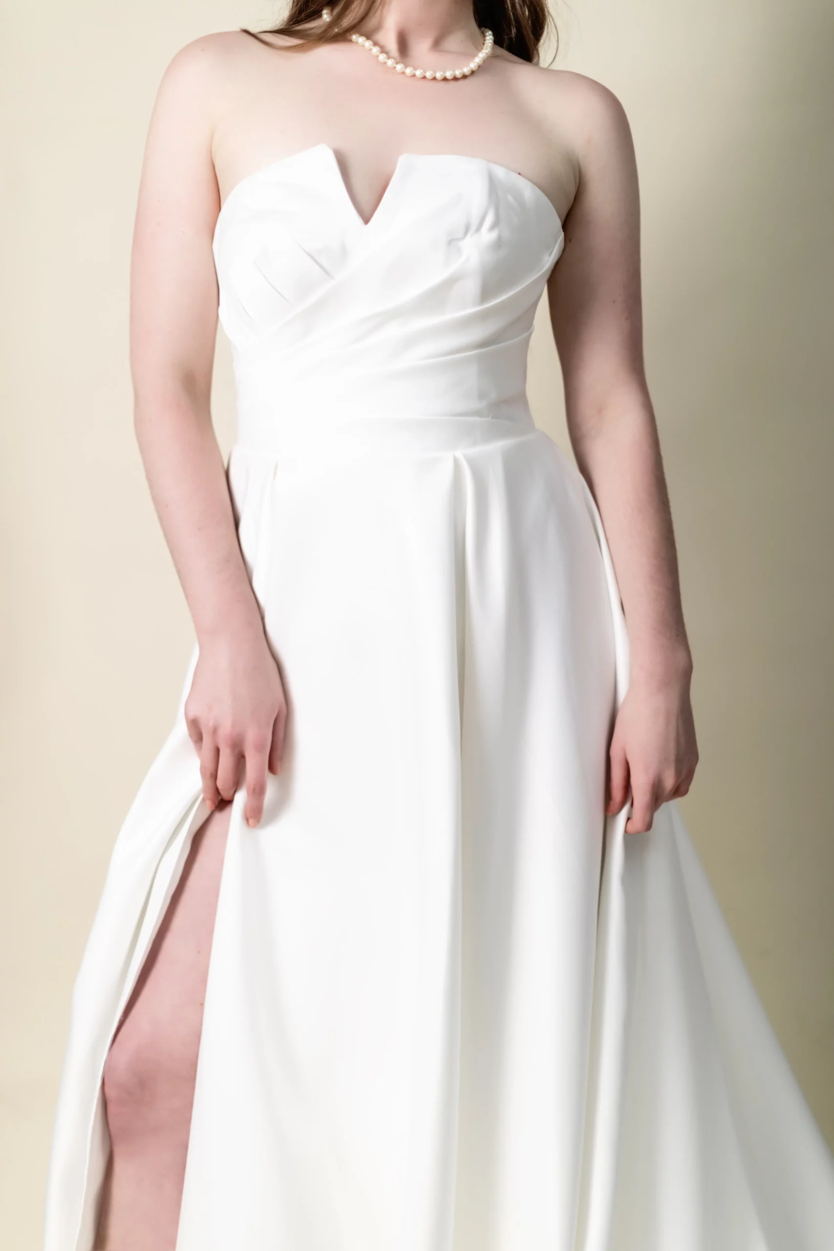 Vivien strapless satin wedding dress front view, laurel&lace bridals