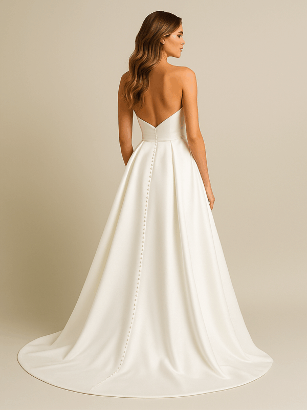 Vivien wedding dress back view with button detail and chapel train, laurel&lace bridals