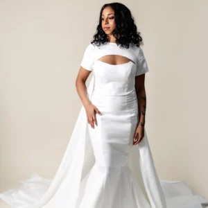 Jane wedding dress front view with detachable cape train, Laurel&Lace bridals