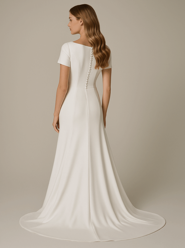 Jane wedding dress back view with detachable cape train, Laurel&Lace bridals