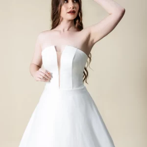 Margaret ball gown wedding dress front view – strapless satin with plunging neckline, laurel&lace bridals