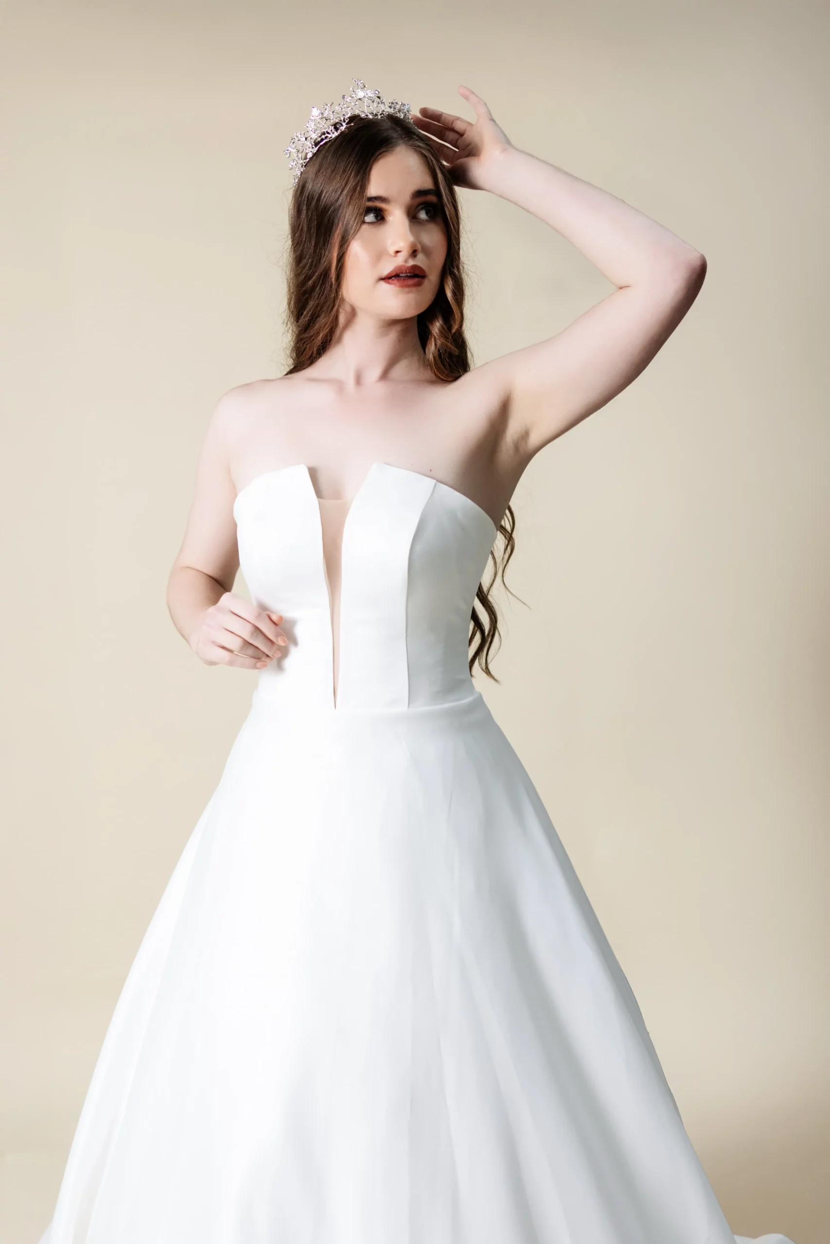 Margaret ball gown wedding dress front view – strapless satin with plunging neckline, laurel&lace bridals