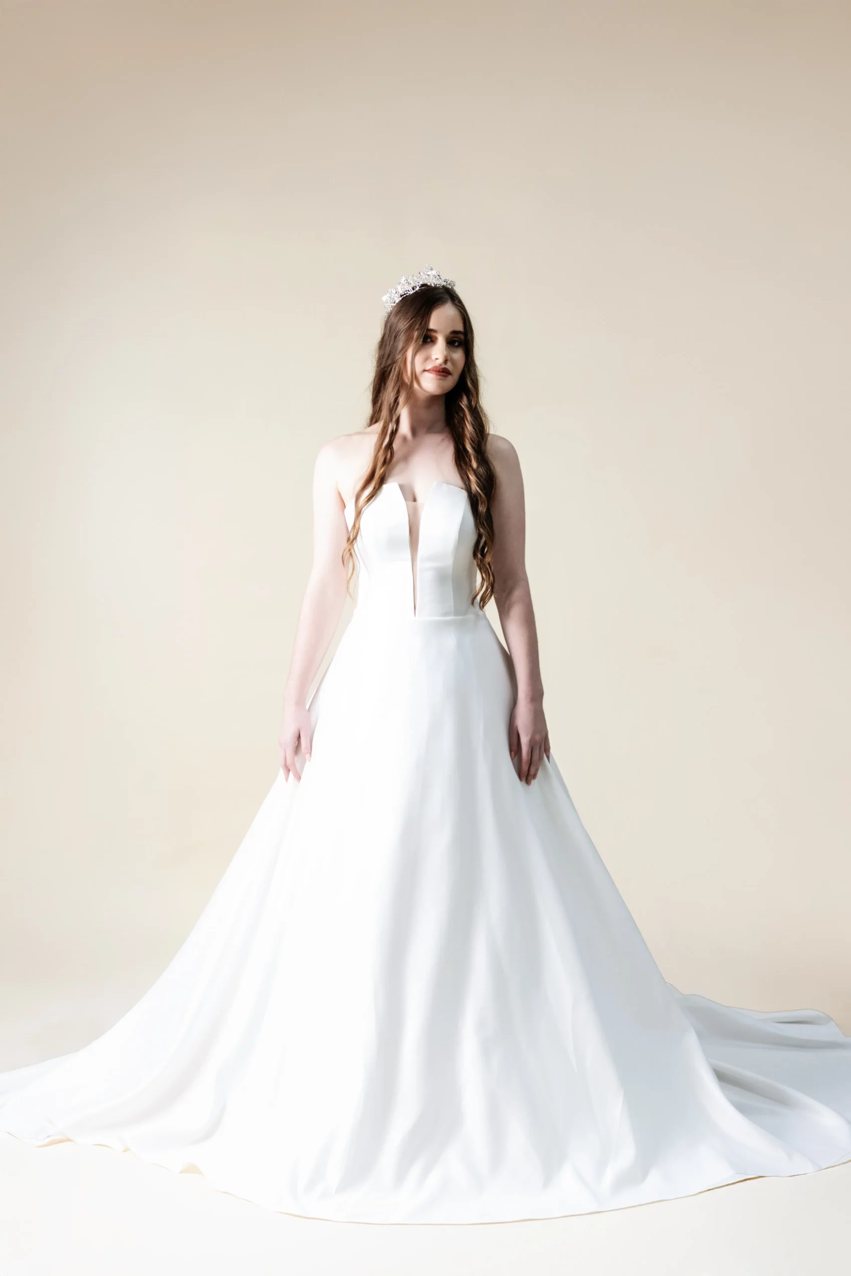 Margaret ball gown wedding dress front view – strapless satin with plunging neckline, laurel&lace bridals