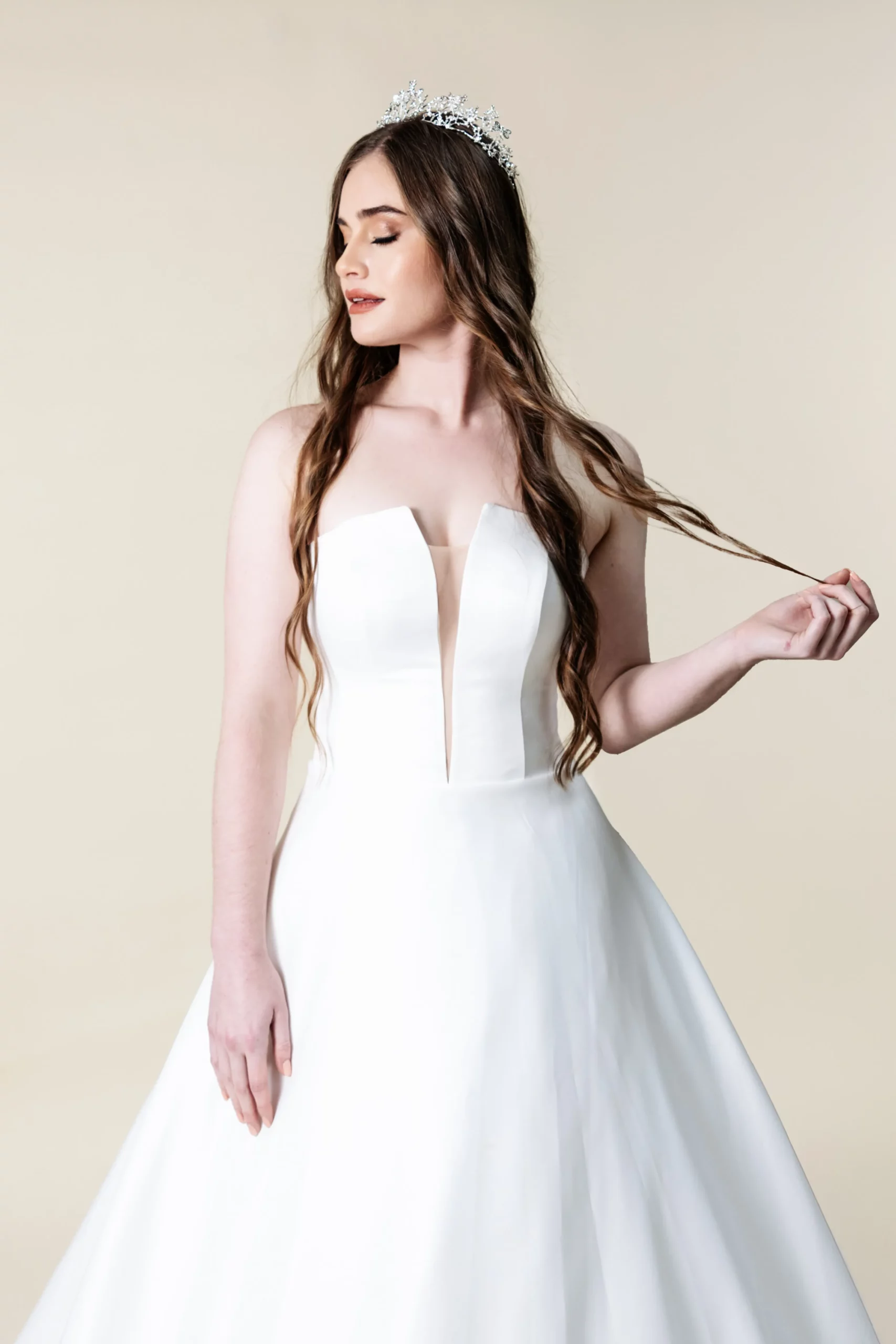 Margaret ball gown wedding dress front view – strapless satin with plunging neckline, laurel&lace bridals