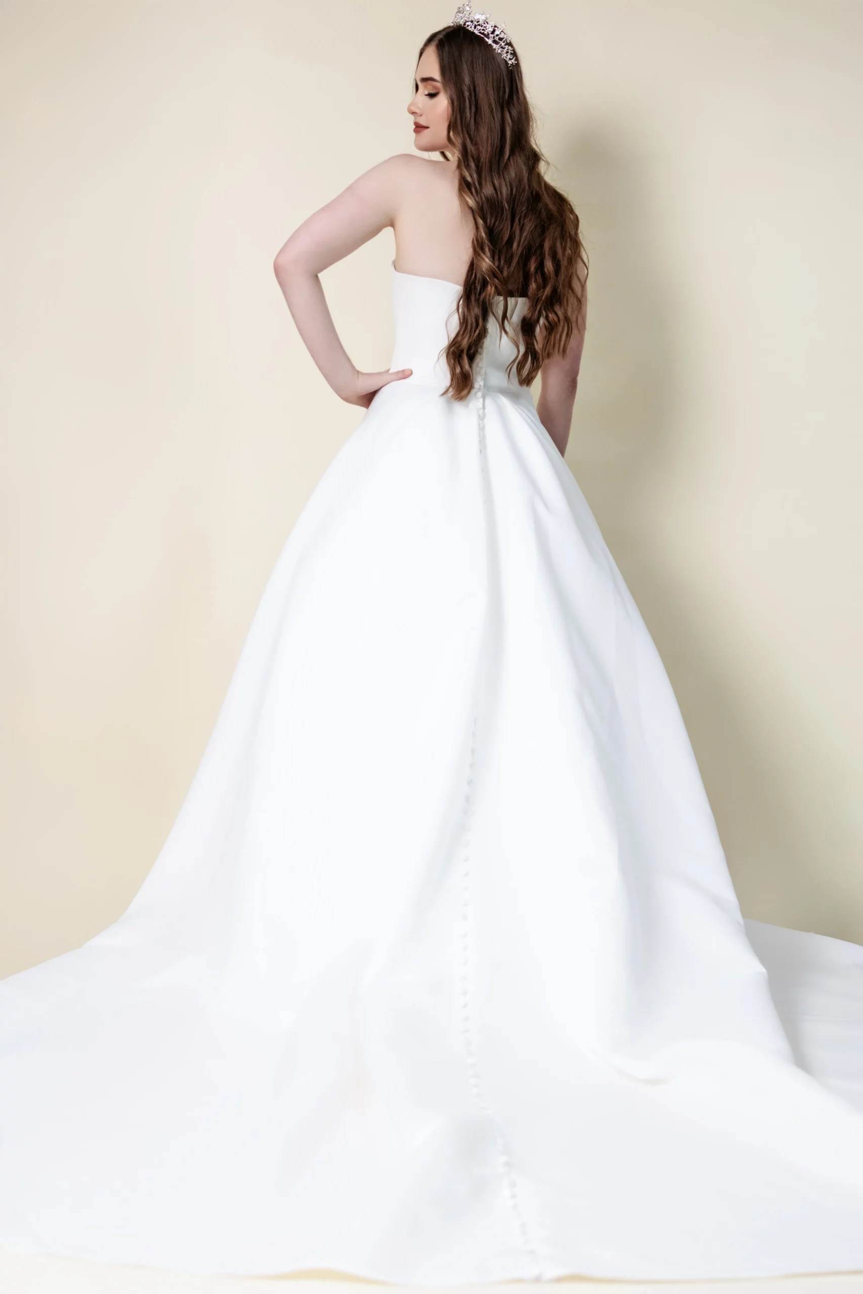 Margaret ball gown wedding dress back view – covered button detail and sweeping train, laurel&lace bridals