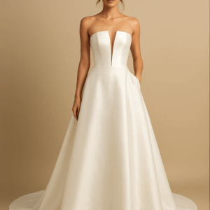 Margaret ball gown wedding dress front view – strapless satin with plunging neckline, laurel&lace bridals