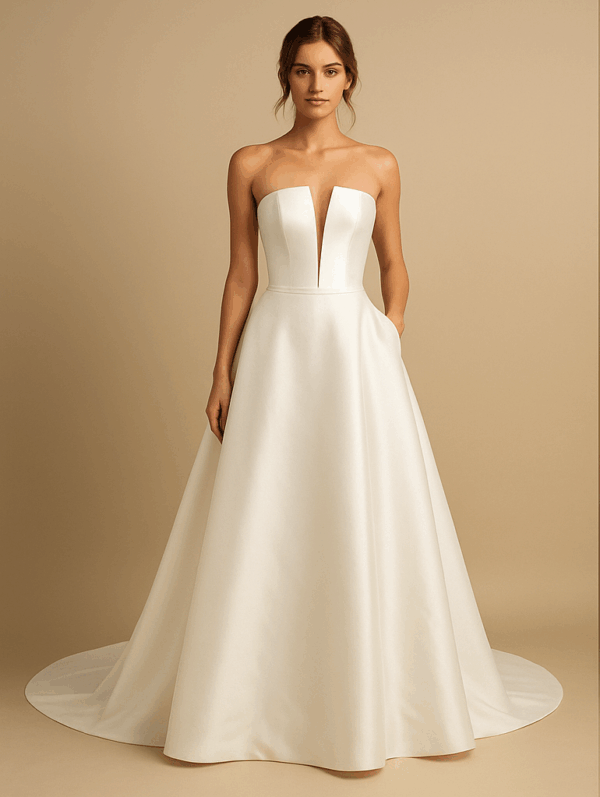 Margaret ball gown wedding dress front view – strapless satin with plunging neckline, laurel&lace bridals