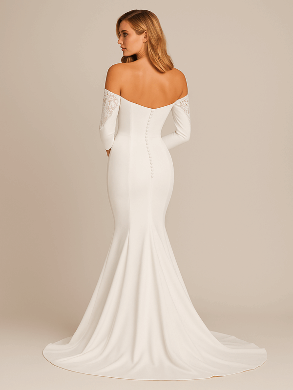 Eloise off-shoulder satin wedding dress with detachable lace sleeves and mermaid silhouette – back view