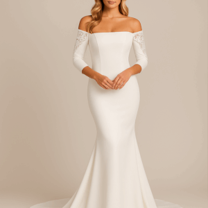 Eloise off-shoulder satin wedding dress with detachable lace sleeves and mermaid silhouette – front view
