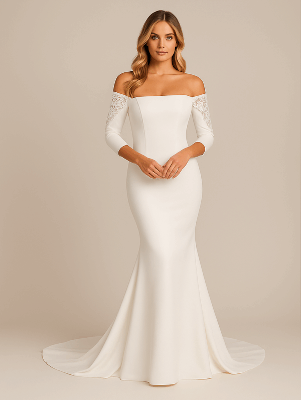Eloise off-shoulder satin wedding dress with detachable lace sleeves and mermaid silhouette – front view