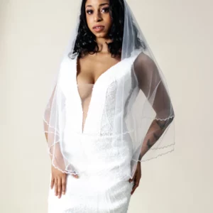 Lucinda sparkling sequin mermaid wedding dress with illusion plunge neckline and dramatic train - front view