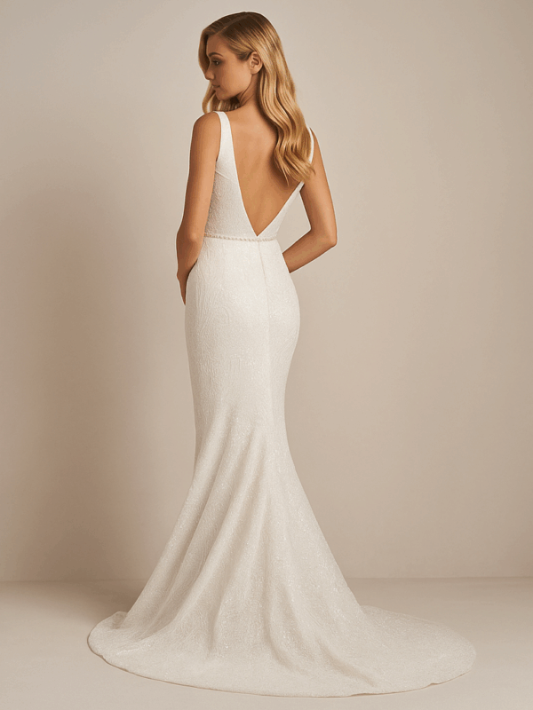 Lucinda sparkling sequin mermaid wedding dress with illusion plunge neckline and dramatic train – full back view