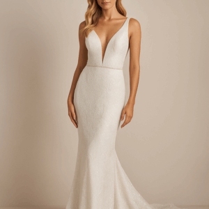 Lucinda sparkling sequin mermaid wedding dress with illusion plunge neckline and dramatic train – full front view