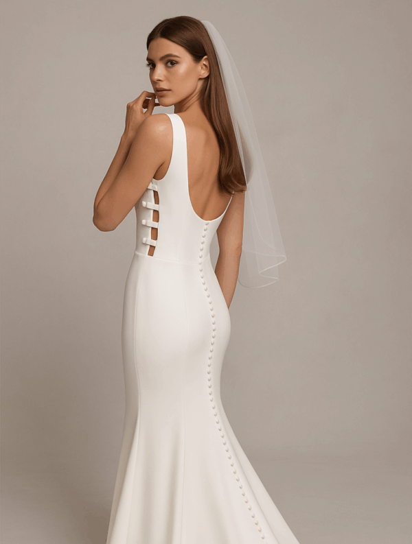 Kylie wedding gown side-back view showing satin bow cut-out accents