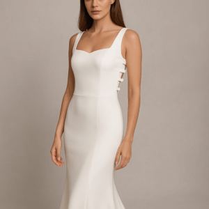 Kylie wedding dress front view – sleek fitted bridal gown with side bow details