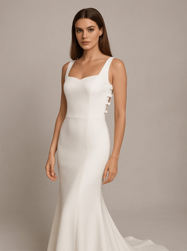 Kylie wedding dress front view – sleek fitted bridal gown with side bow details