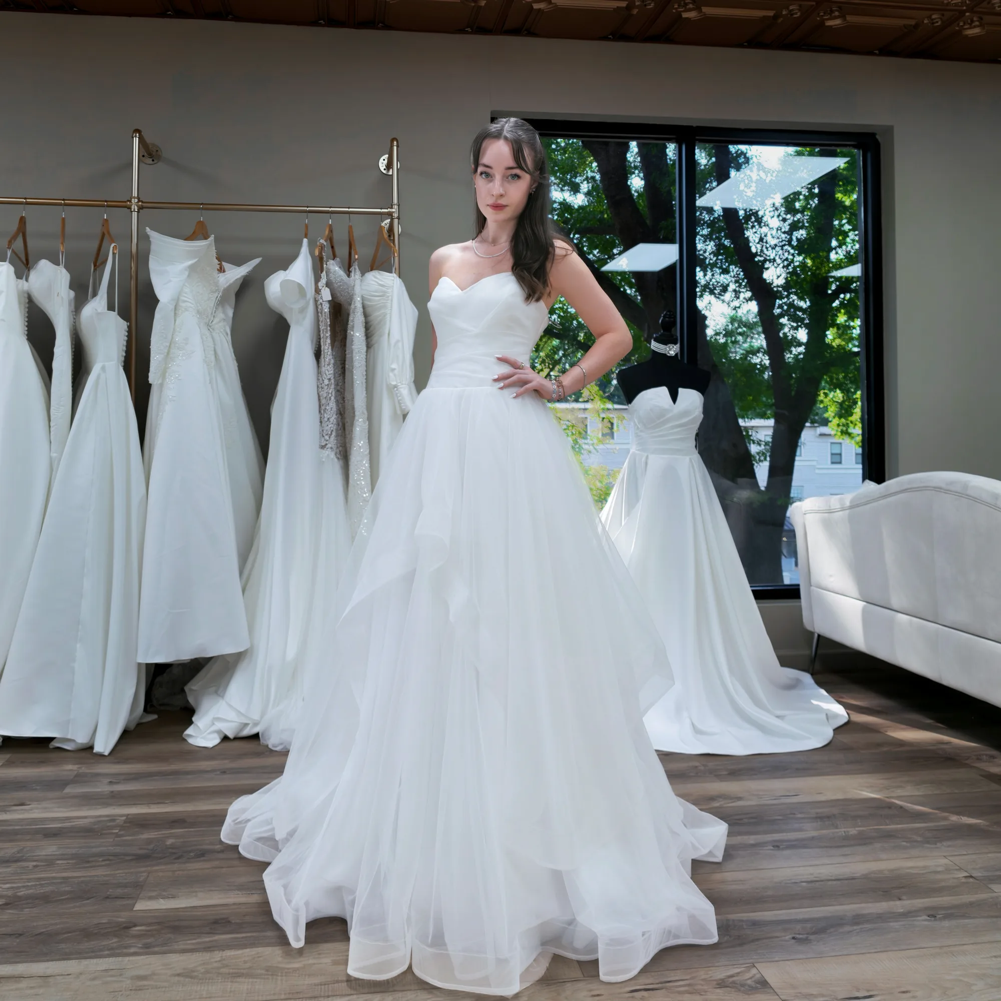Isla layered tulle ball gown wedding dress – front three-quarter view