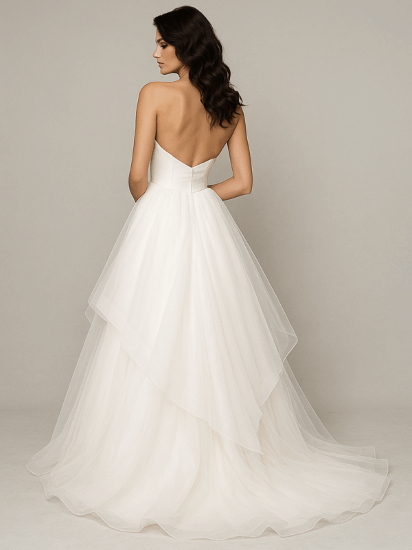 Isla strapless ball gown bridal dress with voluminous layered tulle skirt – back view