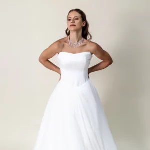 Bride wearing Grace strapless ball gown wedding dress with tulle skirt – front view