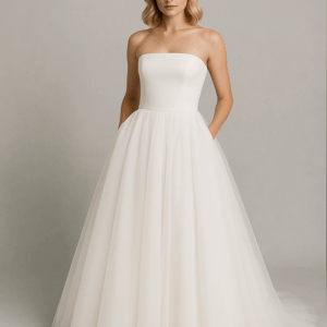 Bride wearing Grace strapless ball gown wedding dress with tulle skirt – front view