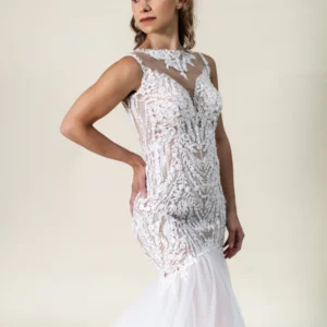 Kenna illusion lace mermaid wedding dress with tulle skirt and chapel-length train – front view