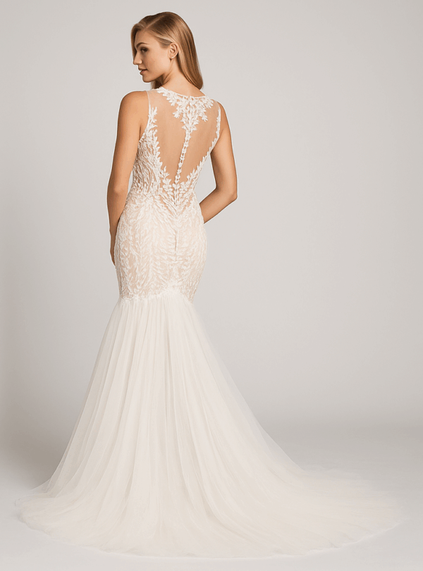 Kenna lace mermaid wedding gown with illusion back and layered tulle skirt – back view