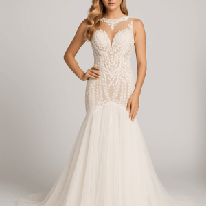 Kenna illusion lace mermaid wedding dress with tulle skirt and chapel-length train – front view