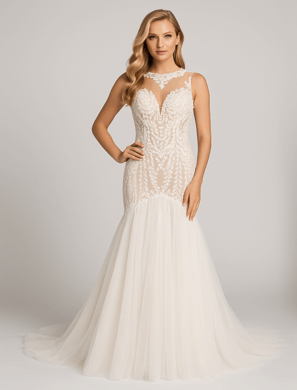 Kenna illusion lace mermaid wedding dress with tulle skirt and chapel-length train – front view