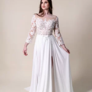 Front view of Claire lace and chiffon wedding dress with embroidered bodice and long sleeves