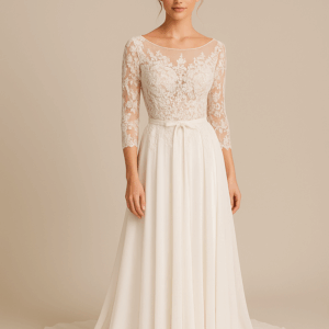Front view of Claire lace and chiffon wedding dress with embroidered bodice and long sleeves