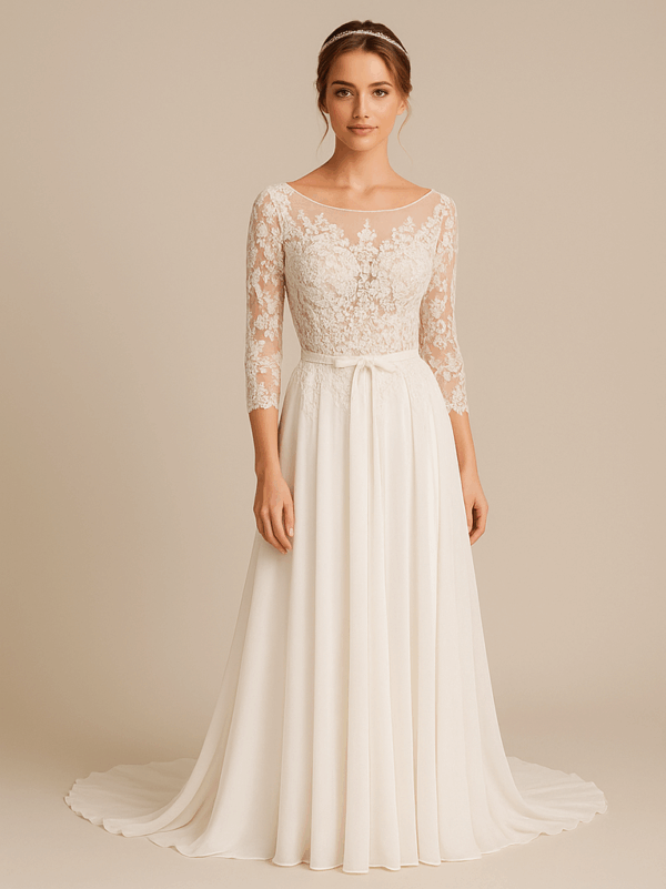 Front view of Claire lace and chiffon wedding dress with embroidered bodice and long sleeves