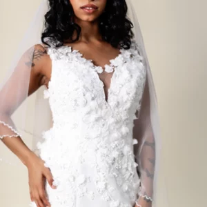 Amber wedding dress front view, lace with floral appliqués, Laurel&Lace Bridals