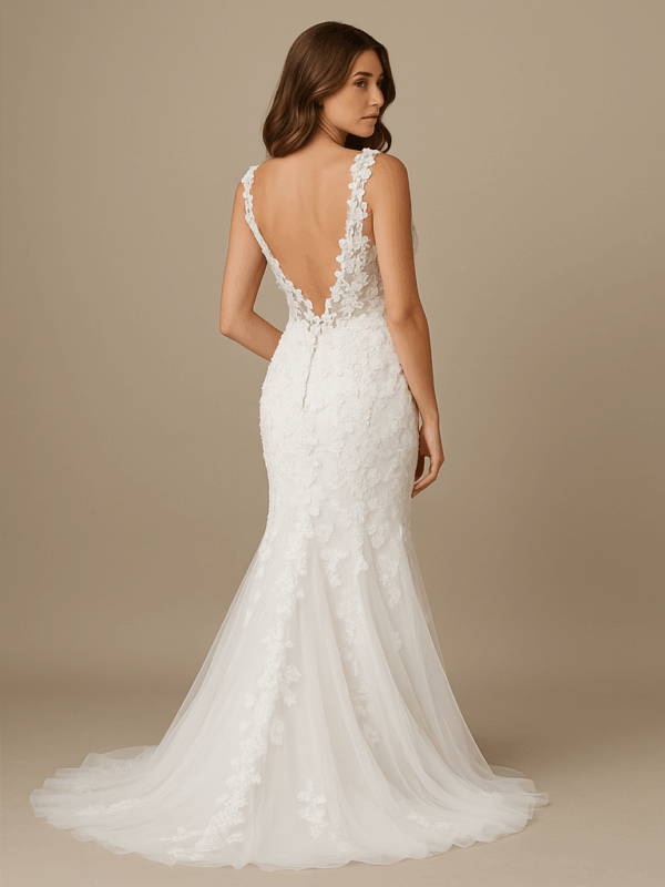 Amber wedding gown back view, open back with tulle train, Laurel&Lace Bridals