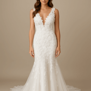 Amber wedding dress front view, lace with floral appliqués, Laurel&Lace Bridals