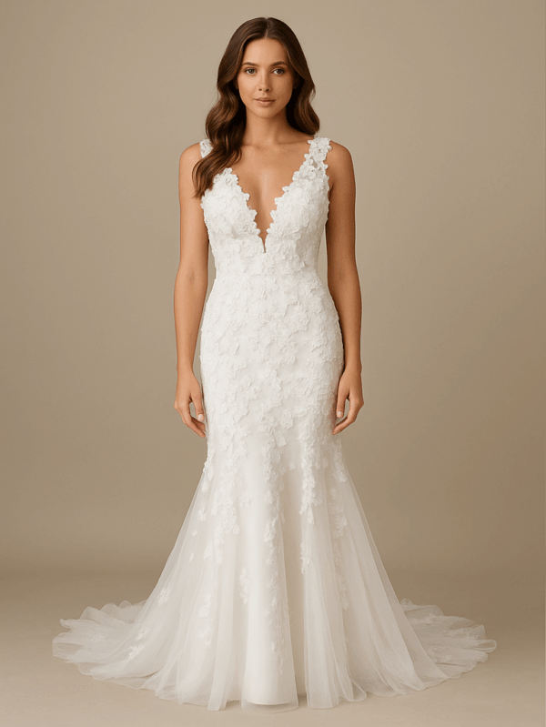 Amber wedding dress front view, lace with floral appliqués, Laurel&Lace Bridals