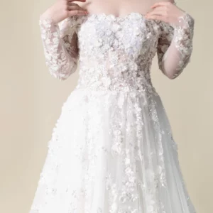 Zara wedding dress front view with floral lace and long sleeves