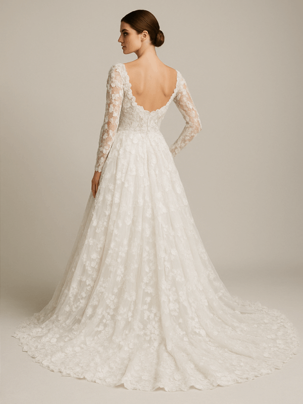 Zara wedding gown featuring 3D floral embroidery and tulle train
