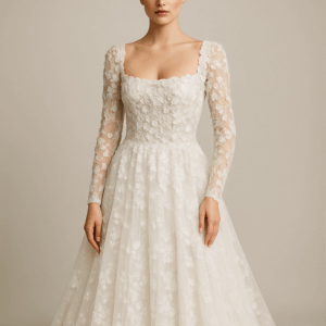 Zara wedding dress front view with floral lace and long sleeves