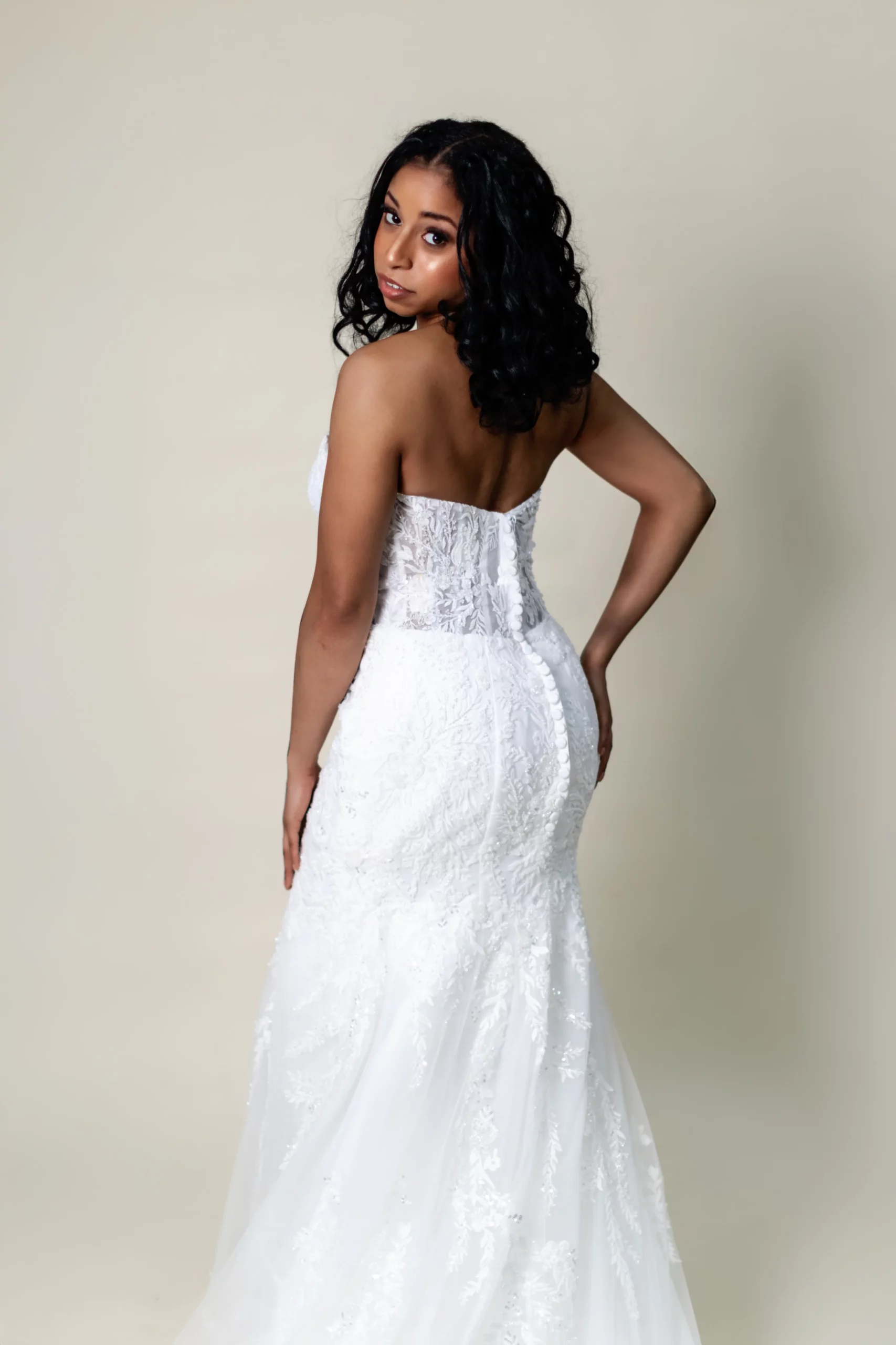 Lindsay mermaid wedding gown with chapel-length lace train back view